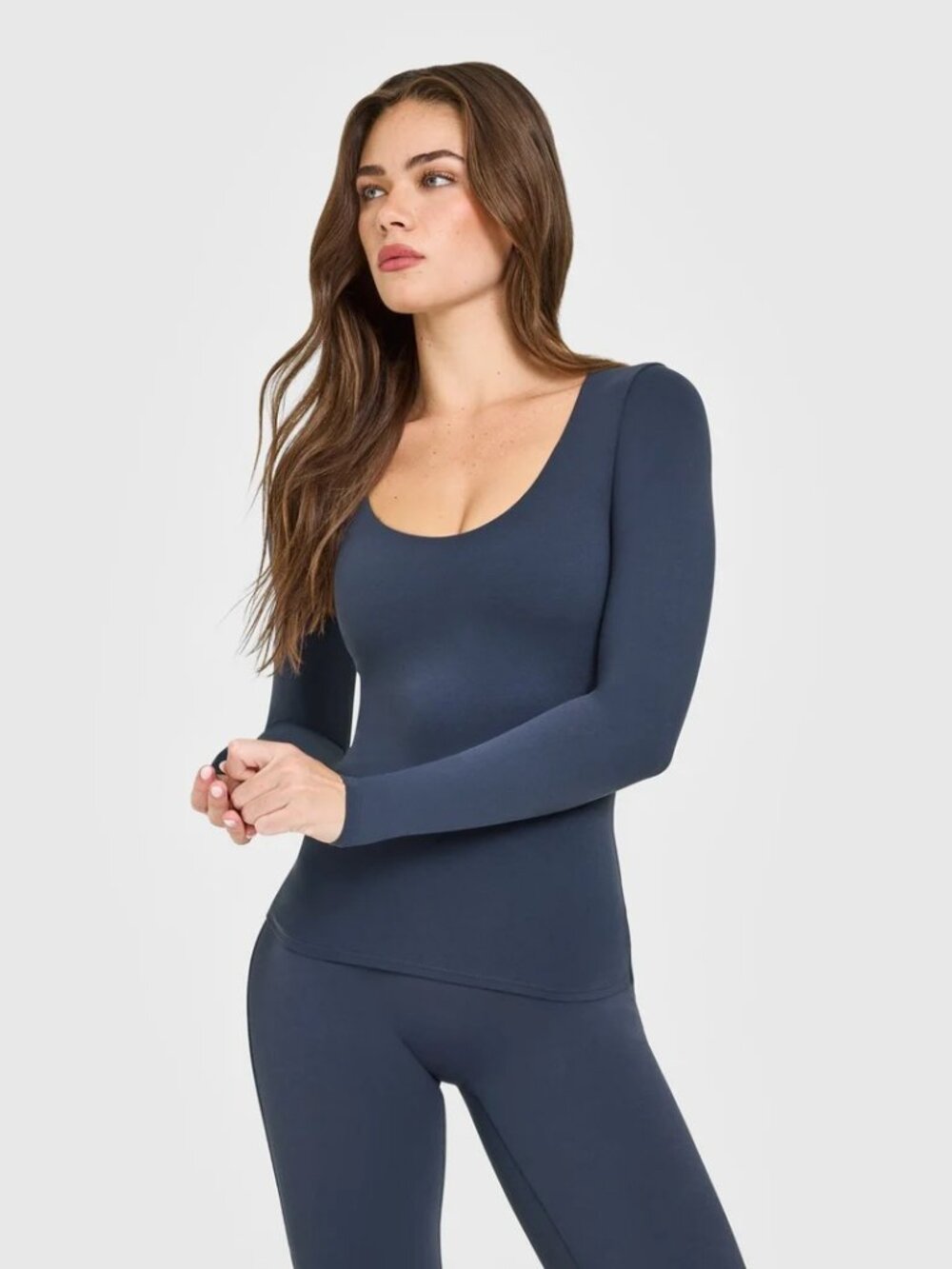 Oner Active SoftMotion Scoop Neck Long Sleeve Top Built in Bra Shelf White Logo